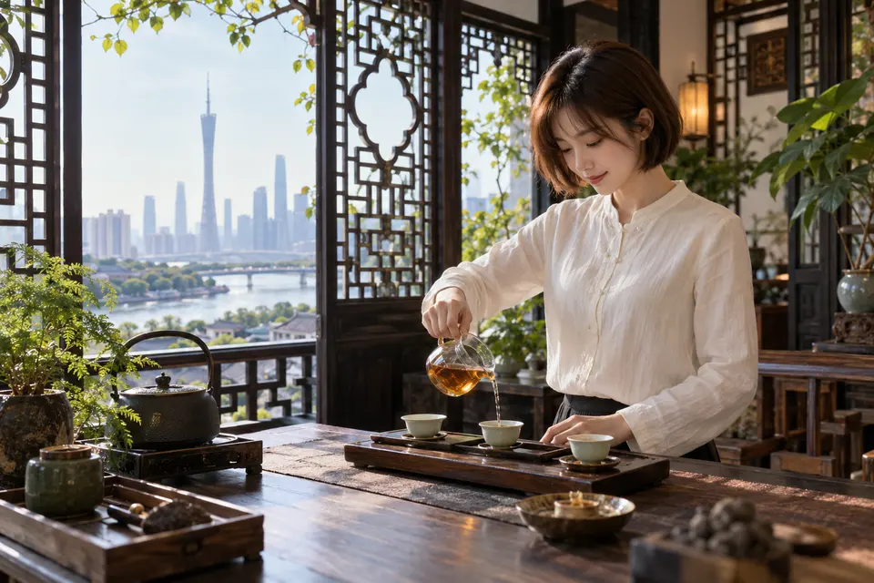 岭南花窗旁的茶席，公道杯与白瓷茶具置于桌面